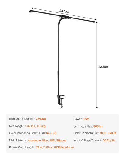 LED Desk Lamp with Clamp Double Head Desk Lamp with 360¡Ã Adjustable Gooseneck